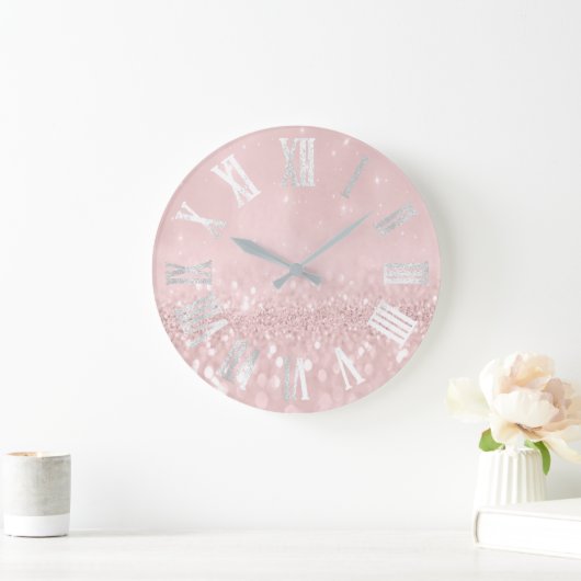 ピンクのワウの灰色の銀製のグリッターの金属ローマのNumers ラージ壁時計 (ホーム)