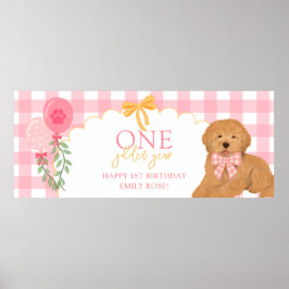 ピンクのワンちゃん ゴールデンイヤー ゴールデンドゥードル犬 1歳の誕生日 ポスター