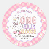 ピンクのワンシリーガチョウ - 女の子の1歳の誕生日 ラウンドシール (正面)