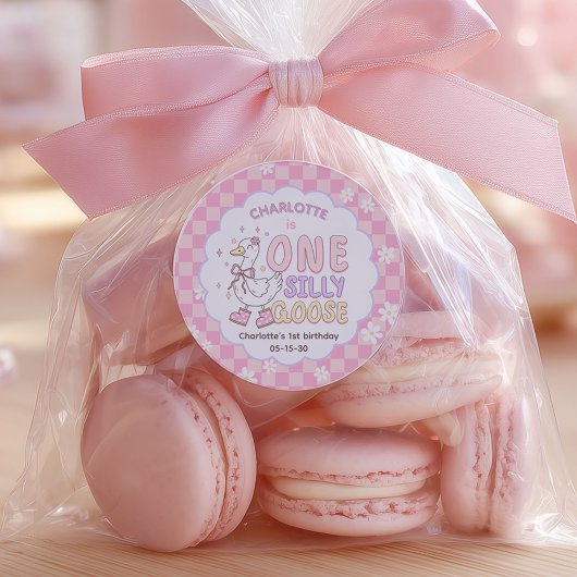 ピンクのワンシリーガチョウ - 女の子の1歳の誕生日 ラウンドシール