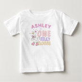 ピンクのワンシリーガース - レトロな女の子の1歳の誕生日 ベビーTシャツ (正面)