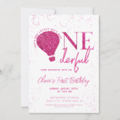 ピンクのワンダフル ホットエアバルーンの女の子 1歳の誕生日 招待状 (正面)