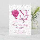 ピンクのワンダフル ホットエアバルーンの女の子 1歳の誕生日 招待状 (スタンド正面)