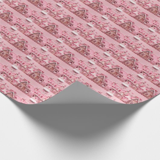 ピンクのワンダーランド:クリスマスのジンジャーブレッドホーム ラッピングペーパー (角)