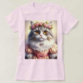 ピンクのヴィクトリアンドレスのエレガントな猫 Tシャツ