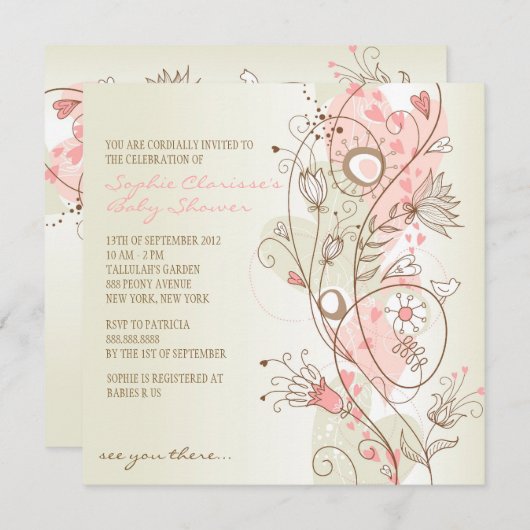 ピンクのヴィンテージかわいらしフローラベビーシャワー招待状 招待状 (正面/裏面)
