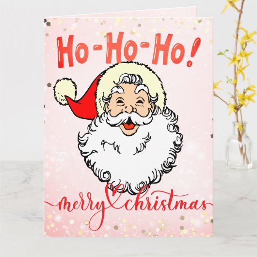 ピンクのヴィンテージすてきサンタ笑顔顔クリスマス カード (黄色い花)