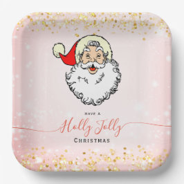 ピンクのヴィンテージすてきサンタ笑顔顔クリスマス ペーパープレート