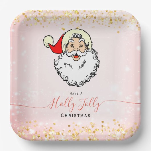 ピンクのヴィンテージすてきサンタ笑顔顔クリスマス ペーパープレート (正面)