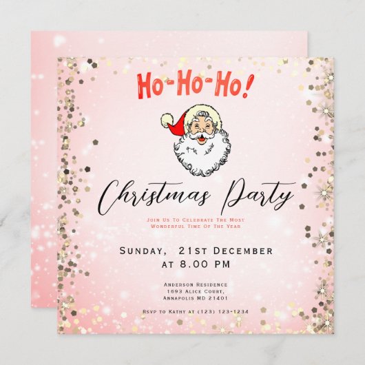 ピンクのヴィンテージすてきサンタ笑顔顔クリスマス 招待状 (正面/裏面)