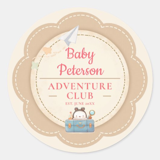ピンクのヴィンテージなベビーシャワーグッズ Our Greatest Adventure ラウンドシール (正面)