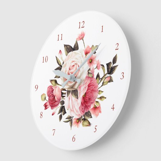 ピンクのヴィンテージのばら色の花束 ラージ壁時計 (傾斜)
