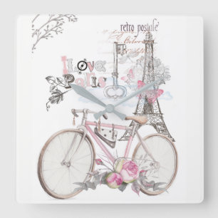 ピンクのヴィンテージのパリ スクエア壁時計