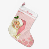 ピンクのヴィンテージのビクトリアンなサンタクロースのバラ ラージクリスマスストッキング (正面 (吊り時))