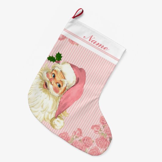 ピンクのヴィンテージのビクトリアンなサンタクロースのバラ ラージクリスマスストッキング (正面 (吊り時))