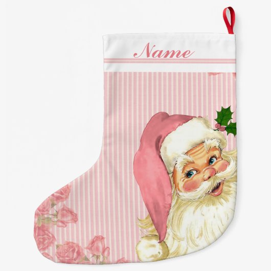 ピンクのヴィンテージのビクトリアンなサンタクロースのバラ ラージクリスマスストッキング (裏面)