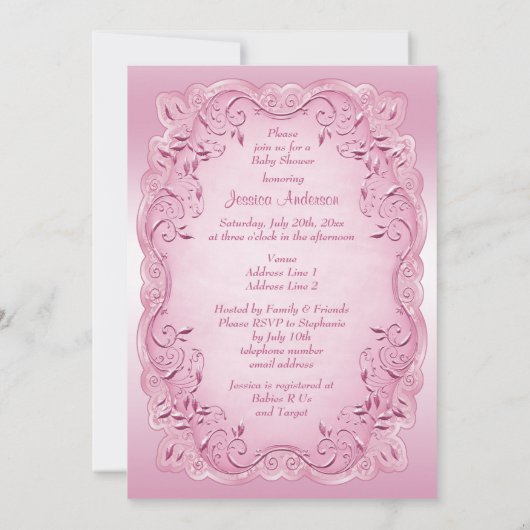 ピンクのヴィンテージのプリンセスのベビーシャワー 招待状 (裏面)