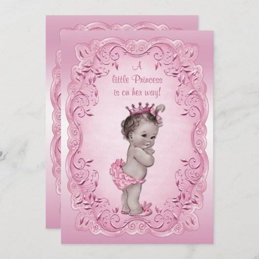 ピンクのヴィンテージのプリンセスのベビーシャワー 招待状 (正面/裏面)