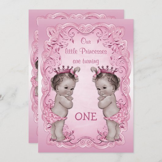 ピンクのヴィンテージのプリンセスの双生児の第1誕生日 招待状 (正面/裏面)