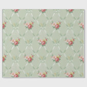 ピンクのヴィンテージの花が緑のリボンのトレリス ラッピングペーパー (フラット)