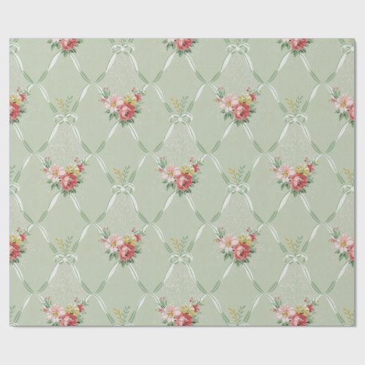 ピンクのヴィンテージの花が緑のリボンのトレリス ラッピングペーパー (フラット)