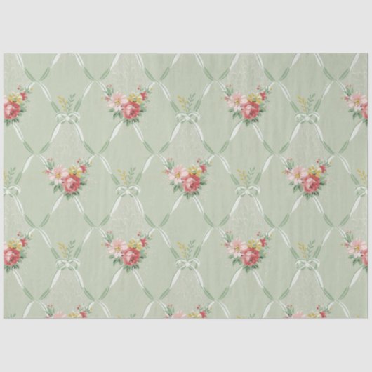 ピンクのヴィンテージの花の緑のリボンTrellis Tissu 薄葉紙 (正面)