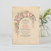 ピンクのヴィンテージの花、シックオールドブライダルシャワー 招待状 (スタンド正面)
