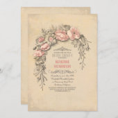 ピンクのヴィンテージの花、シックオールドブライダルシャワー 招待状 (正面/裏面)