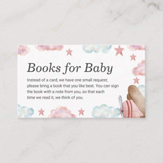 ピンクのヴィンテージの飛行機の本ベビーの赤ちゃんシャワー エンクロージャーカード (正面)