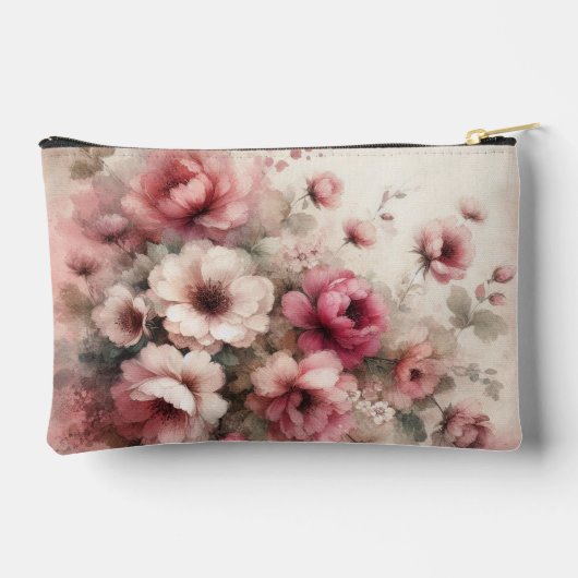 ピンクのヴィンテージインスパイアフローラ アクセサリーポーチ (裏面)