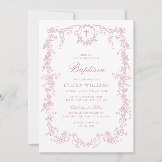 ピンクのヴィンテージエレガントフローラガールバプテスマ写真 招待状 (正面)