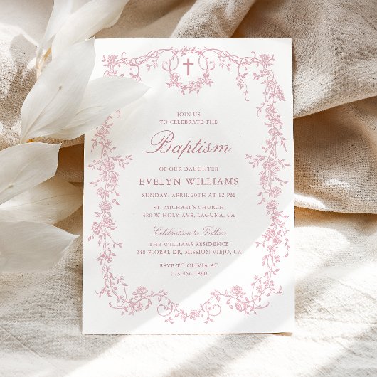 ピンクのヴィンテージエレガントフローラガールバプテスマ写真 招待状