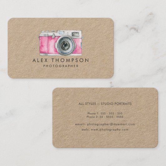 ピンクのヴィンテージカメラフォトグラファーの名刺 名刺 (正面/裏面)