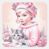 ピンクのヴィンテージガールと子猫のクリスマス スクエアシール (正面)