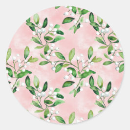 ピンクのヴィンテージクリスマスに白いヤドリギ ラウンドシール