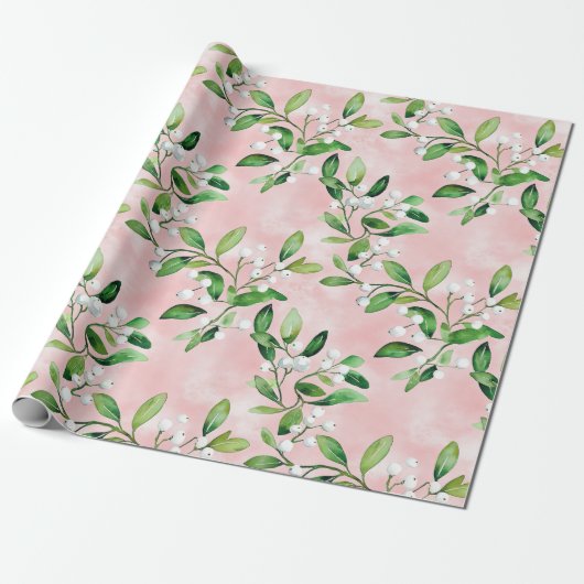 ピンクのヴィンテージクリスマスに白いヤドリギ ラッピングペーパー (アンロールド)