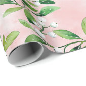 ピンクのヴィンテージクリスマスに白いヤドリギ ラッピングペーパー (ロールコーナー)