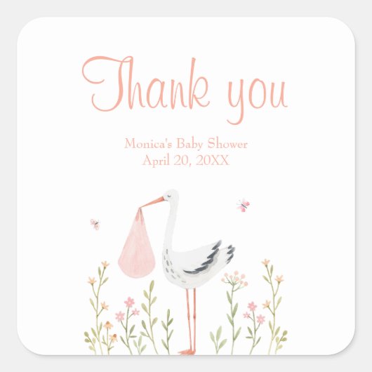 ピンクのヴィンテージコウノトリの赤ちゃんシャワーの好意 スクエアシール (正面)
