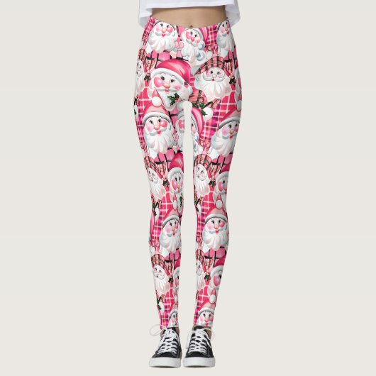 ピンクのヴィンテージサンタクロースタータンチェック格子模様クリスマス レギンス (正面)