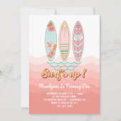 ピンクのヴィンテージサーフアップ1歳の誕生日 招待状 (正面)