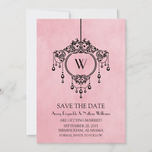 ピンクのヴィンテージシャンデリア日付の保存招待状 招待状 (正面)