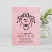 ピンクのヴィンテージシャンデリア日付の保存招待状 招待状 (スタンド正面)