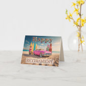 ピンクのヴィンテージスポーツカーハッピーリタイア カード (黄色い花)