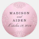 ピンクのヴィンテージダマスクのウェディングステッカー ラウンドシール (正面)