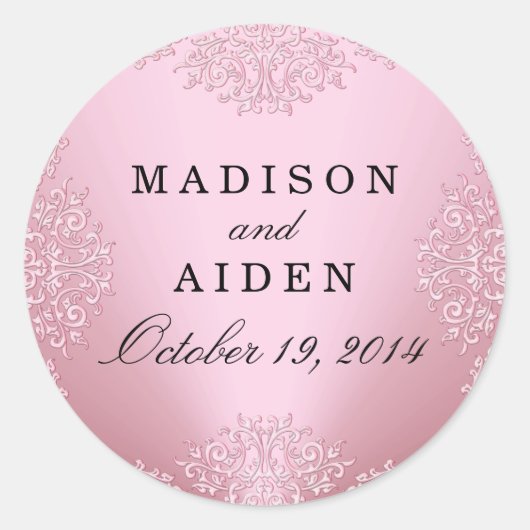 ピンクのヴィンテージダマスクのウェディングステッカー ラウンドシール (正面)