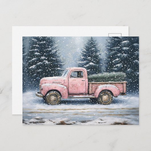 ピンクのヴィンテージトラックがクリスマスツリーを運ぶ ポストカード (正面/裏面)