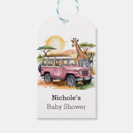ピンクのヴィンテージトラックとサファリ動物ベビーシャワー ギフトタグ
