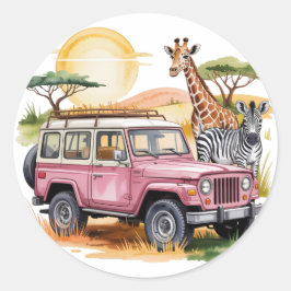 ピンクのヴィンテージトラックとサファリ動物ベビーシャワー ラウンドシール