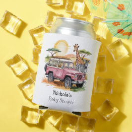 ピンクのヴィンテージトラックとサファリ動物ベビーシャワー 缶クーラー