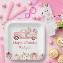 ピンクのヴィンテージトラックのかぼちゃの女の子の誕生日パーティー